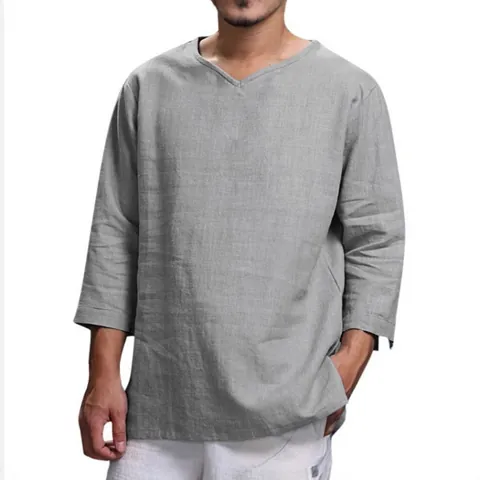 Men's Casual V-Neck Ramie Shirt Loose Fit Solid Color Long Sleeve Pullover Tops For Spring Autumn Lightweight Breathable Fashion Shirt
