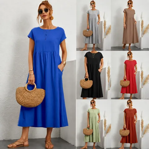 Women Summer Cotton Linen Dress Casual Short Sleeve Round Neck Pleated Midi Dress With Pockets Loose Solid Color Sun Dress
