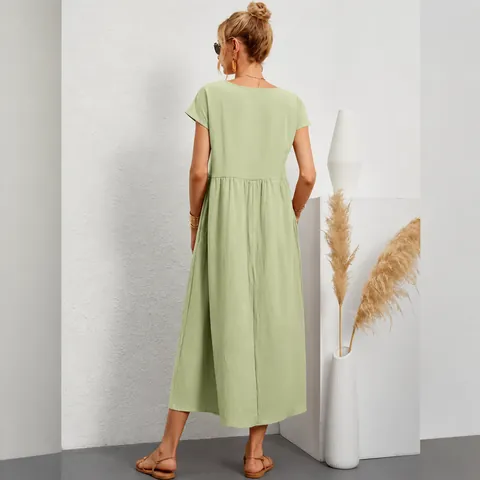 Women Summer Cotton Linen Dress Casual Short Sleeve Round Neck Pleated Midi Dress With Pockets Loose Solid Color Sun Dress