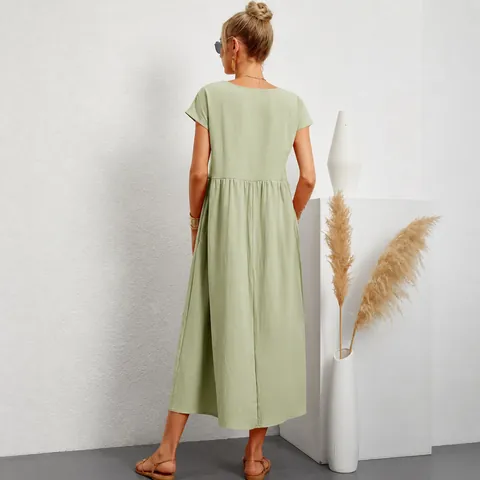 Women Summer Cotton Linen Dress Casual Short Sleeve Round Neck Pleated Midi Dress With Pockets Loose Solid Color Sun Dress