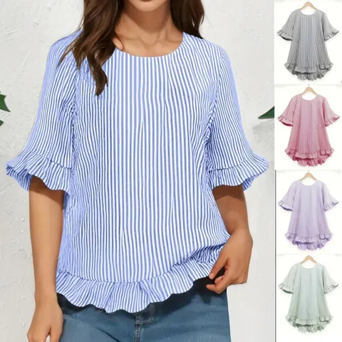 Women Casual Polyester Striped Ruffle Half Sleeve Round Neck Blouse Loose Fashion Top For Daily Party Travel