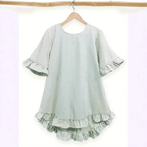 Women Casual Polyester Striped Ruffle Half Sleeve Round Neck Blouse Loose Fashion Top For Daily Party Travel