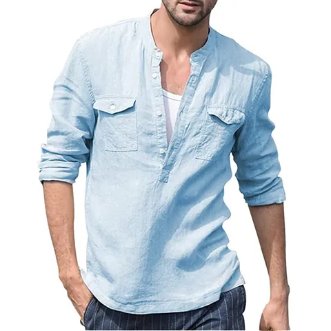 Men's Casual Cotton Blend Shirt Mandarin Collar Long Sleeve Loose Fit Henley Beach Shirt With Double Pockets Minimalist Top