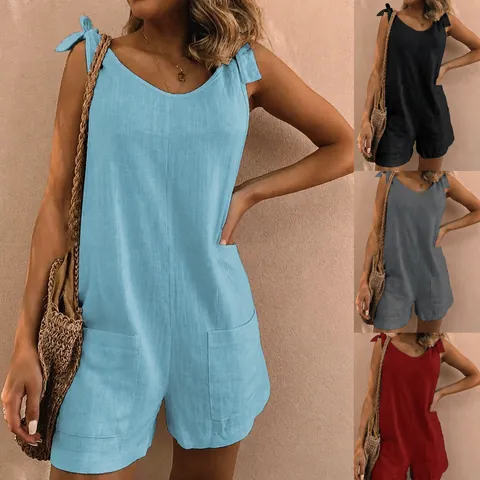Women Casual Sleeveless Slub Cotton Linen Romper Loose V-Neck Tie Shoulder Jumpsuit With Pockets Solid Color Summer Beach Short Overall