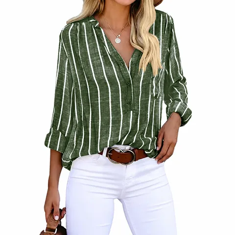 Camicia a Righe Casual da Donna in Misto Cotone Scollo a V Manica Lunga Blusa con Bottoni Vestibilità Regolare Top Ufficio