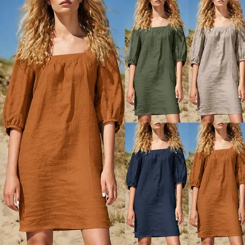 Robe Vintage Française à Col Carré et Manches Bouffantes en Polyester Lin Robe Mini Décontractée Ample Femme Vacances