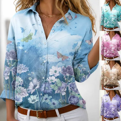 Women Casual Lapel Long Sleeve Single Breasted Shirt Fashion Floral Bird Print Blouse Cotton Blend Oversized Top Elegant Ladies Shirt