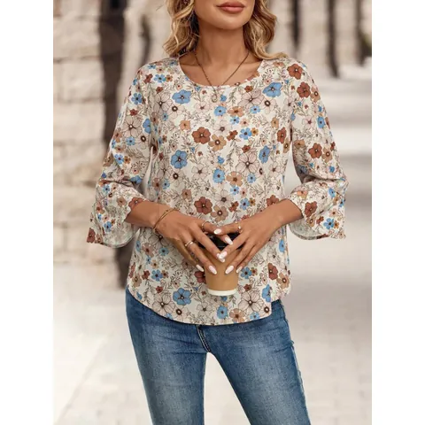 Women Round Neck Polyester Printed Blouse Fashion Vertical Striped Bell Sleeve Top Elegant Ruffle Cuff Casual Shirt For Ladies