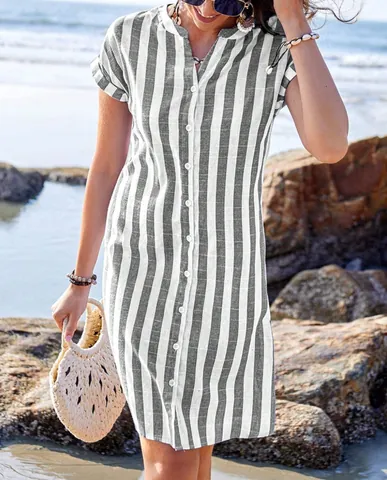 Camicia Donna a Righe Casual Abito Camicia Scollo a V Bottoni Manica Corta Top Moda Misto Cotone Camicetta Tessuta Camicia Vacanza