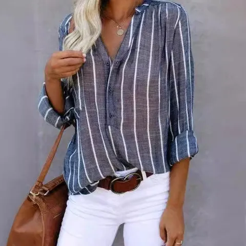 Women's Fashion Striped Printed Long Sleeve Shirt V Neck Button Casual Loose Blouse Tops For Office Daily Wear