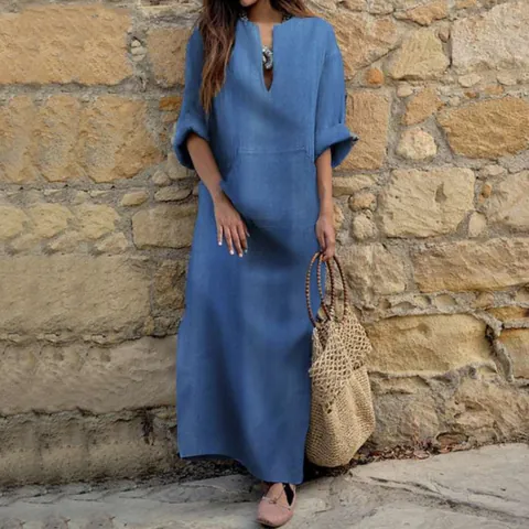 Robe Maxi pour Femmes Décontractée Col en V en Coton Denim Coupe Ample Manches Longues Avec Grandes Poches Robe de Vacances Couleur Unie Rétro