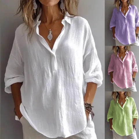 Women's Casual Linen Cotton V-Neck Blouse Loose Solid Color Long Sleeve Pullover Shirt Top