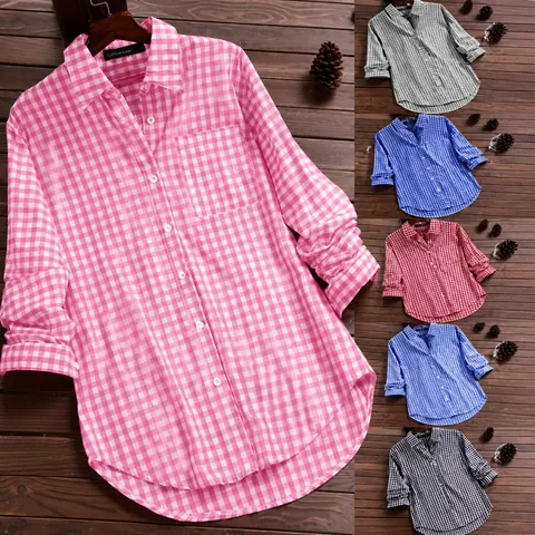 Damen Vintage Karo Revers Langarm Hemd Locker Gingham Bluse Casual Bedruckt Knöpfe Top Für Damen Täglich Bequem Acetat Polyester Faser Top