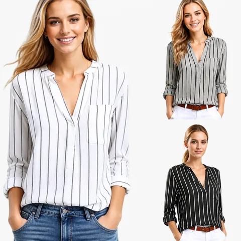 Camisa De Rayas Para Mujer Top De Poliéster Con Cuello En V Y Botones Suelta Casual Blusa De Manga Larga Moda Callejera Ropa Diaria Top