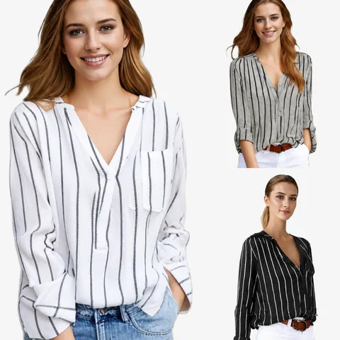 Womens Striped Shirt Top Polyester V Neck Button Up Loose Casual Long Sleeve Blouse Streetwear Fashion Daily Clothing Top