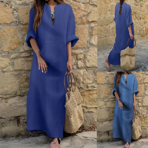 Robe Maxi pour Femmes Décontractée Col en V en Coton Denim Coupe Ample Manches Longues Avec Grandes Poches Robe de Vacances Couleur Unie Rétro