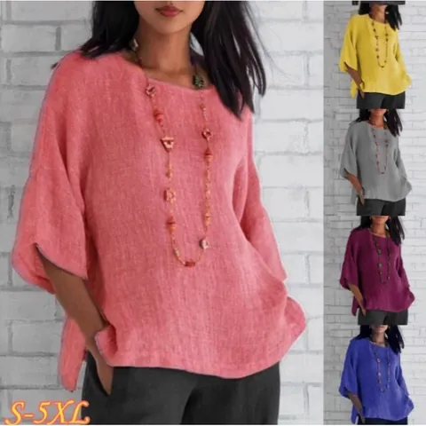 Camicetta da Donna Vintage in Cotone e Lino Girocollo Manica a 3/4 Camicia Larga Retro Casual Tinta Unita Estate Primavera Top Taglie Forti S-5XL