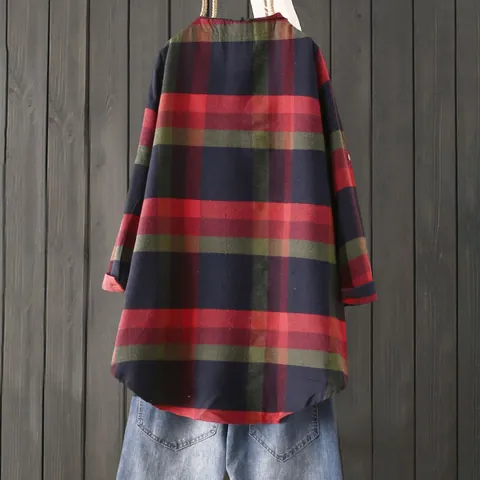 Women Plaid Long Sleeve Midi Dress Retro Loose Round Neck Patchwork Shirt Dress Plus Size Casual Plaid Tunic Dress