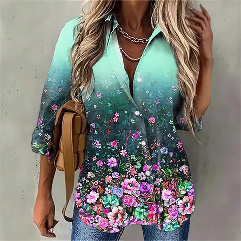 Women Floral Print Gradient Shirt Loose Long Sleeve Lapel Button Down Polyester Casual Blouse Top Streetwear Fashion Clothing
