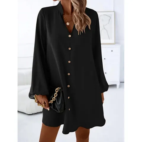 Women V Neck Long Sleeve Button Down A-Line Mini Dress Solid Color Casual Office Lantern Sleeve Polyester Shirt Dress