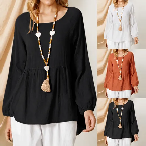 Plus Size Lantern Sleeve Women Blouse Loose Round Neck Polyester Patchwork Solid Color Casual Retro Top For Daily Wear