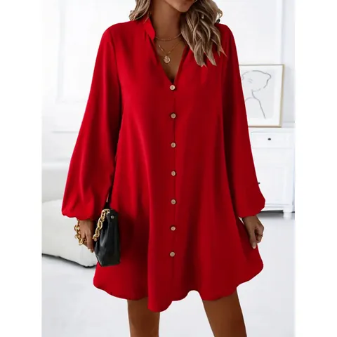 Women V Neck Long Sleeve Button Down A-Line Mini Dress Solid Color Casual Office Lantern Sleeve Polyester Shirt Dress