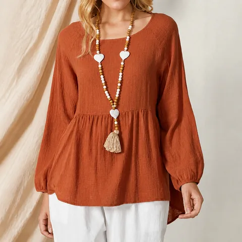 Plus Size Lantern Sleeve Women Blouse Loose Round Neck Polyester Patchwork Solid Color Casual Retro Top For Daily Wear