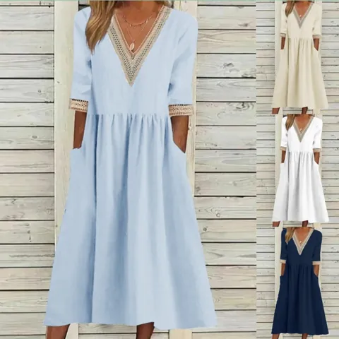 Women Casual Cotton Linen Midi Dress V Neck Lace Trim Half Sleeve Plus Size Loose A Line Dress With Pockets