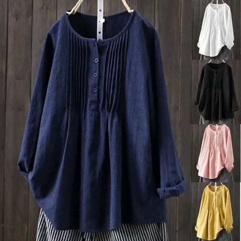 Camicetta da Donna in Cotone Lino Casual Elegante Girocollo Manica Lunga Camicia Plissé Tinta Unita Taglie Forti Top
