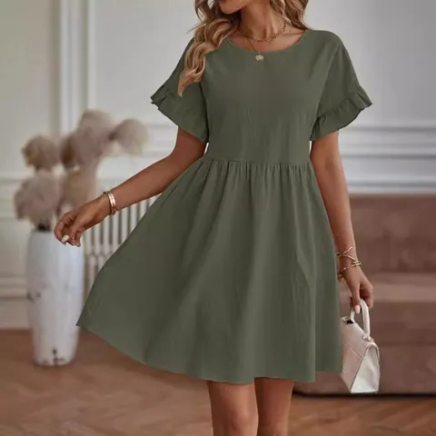 Women Casual Cotton Linen Dress Round Neck Ruffle Sleeve Loose Fit Pleated Summer Midi Dress With Pockets