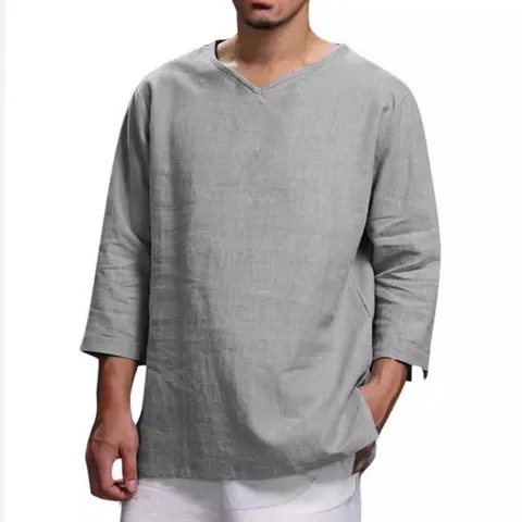Camisa de Mezcla de Ramio y Algodón para Hombre Ajuste Holgado Cuello en V Manga Larga Color Sólido Retro Artístico Transpirable