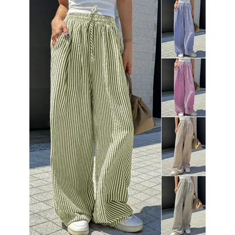 Pantaloni a Righe a Vita Alta da Donna Gamba Dritta Vestibilità Comoda Coulisse Pantaloni Casual a Gamba Larga con Tasche Bottom