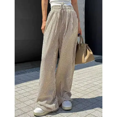 Pantaloni a Righe a Vita Alta da Donna Gamba Dritta Vestibilità Comoda Coulisse Pantaloni Casual a Gamba Larga con Tasche Bottom
