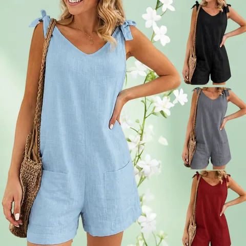 Women's Summer Cotton Linen Sleeveless Romper Loose Slub Texture Bow Tie Shoulder Jumpsuit with Pockets Casual Beach Bodysuit