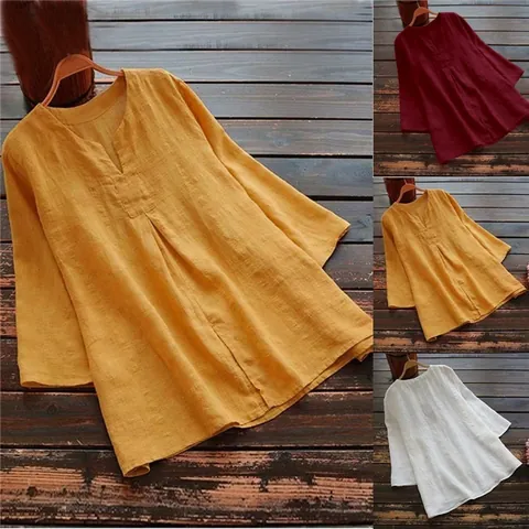 Women Cotton Blend Patchwork Shirt V Neck 3/4 Sleeve Plus Size Loose Top Casual Solid Color Cotton Linen Texture Blouse