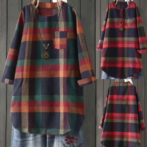 Women Plaid Long Sleeve Midi Dress Retro Loose Round Neck Patchwork Shirt Dress Plus Size Casual Plaid Tunic Dress
