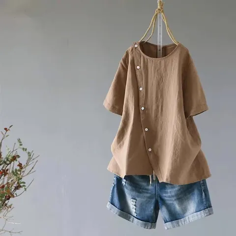 Dames Casual Katoenen Blouse Ronde Hals Korte Mouw Onregelmatige Zoom Patchwork Knoop Top Losse Pasvorm Effen Kleur Zomer Shirt