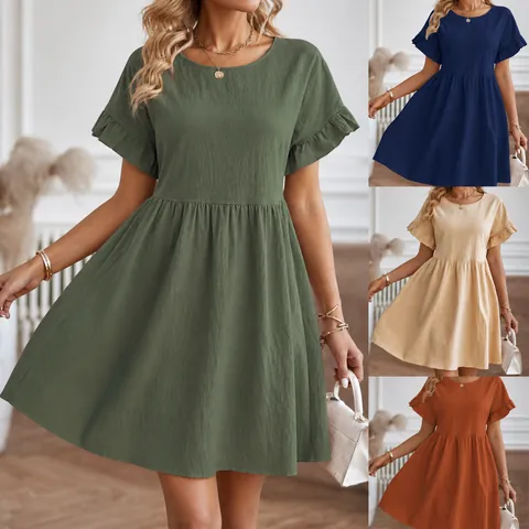 Women Casual Cotton Linen Dress Round Neck Ruffle Sleeve Loose Fit Pleated Summer Midi Dress With Pockets