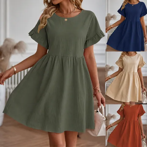 Women Casual Cotton Linen Dress Round Neck Ruffle Sleeve Loose Fit Pleated Summer Midi Dress With Pockets