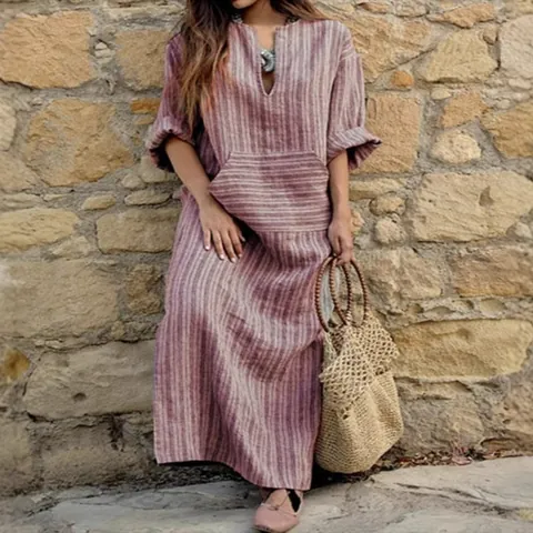 Women's Bohemian Striped Maxi Dress Loose Fit V-Neck Long Sleeve Polyester Kaftan Robe Dress With Pockets Casual Holiday Dress
