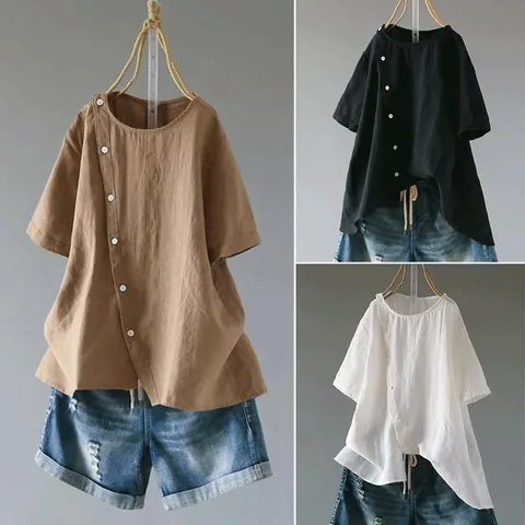 Dames Casual Katoenen Blouse Ronde Hals Korte Mouw Onregelmatige Zoom Patchwork Knoop Top Losse Pasvorm Effen Kleur Zomer Shirt