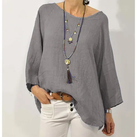 Chemisier Femme Coton Lin Ample Col Rond Manches Raglan 3/4 Top Rétro Bohème Couleur Unie Décontracté Chemise Grande Taille