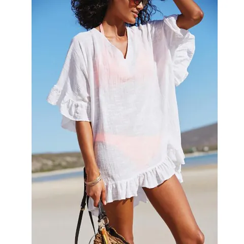 Women's Vacation Boho Beach Cover-Up Top Ruffle Hem Loose Sun Protection Shirt V-Neck Flounce Sleeve Polyester Beachwear