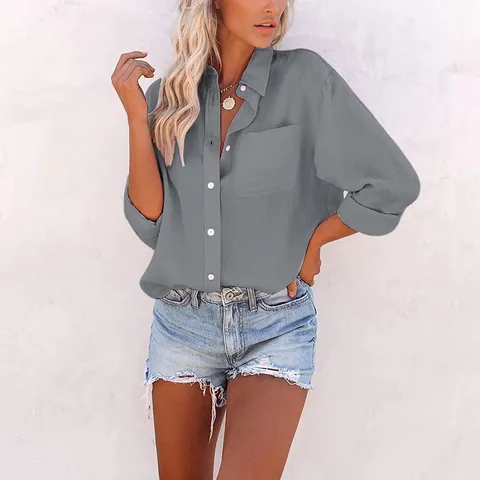 Women Loose Fit Solid Color Long Sleeve Top Casual Polyester Cotton Blend Button Down Shirt With Pocket Lapel Collar Fashion Office Blouse