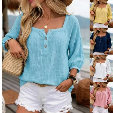 Women Square Neck Linen Top Casual Loose Lantern Three Quarter Sleeve Blouse Summer Holiday Beach Resort Fashion Woven Solid Shirt