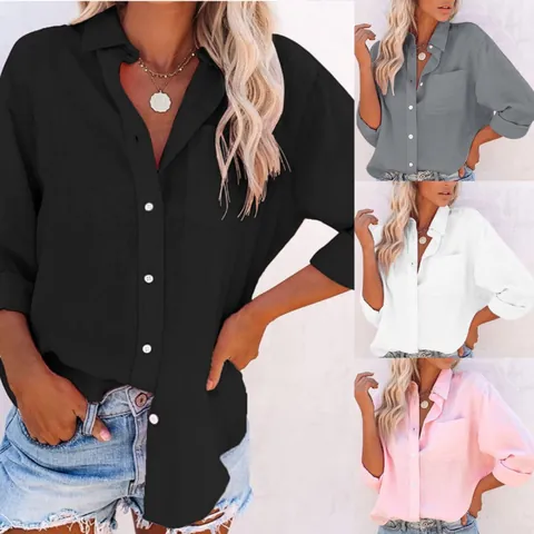 Women Loose Fit Solid Color Long Sleeve Top Casual Polyester Cotton Blend Button Down Shirt With Pocket Lapel Collar Fashion Office Blouse