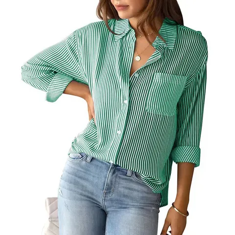 Camisa Informal de Rayas para Mujer Manga Larga Poliéster Acetato Blusa con Botones Top Suelto Cómodo para Trabajo Diario Oficina