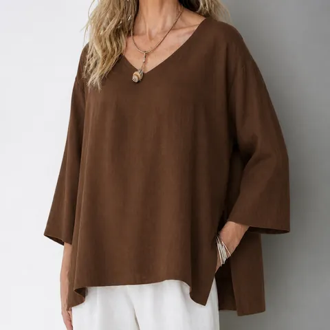 Women's V-Neck Cotton Blend Blouse Loose Casual Top With Side Split Three-Quarter Sleeve Solid Color T-Shirt For Daily Leisure