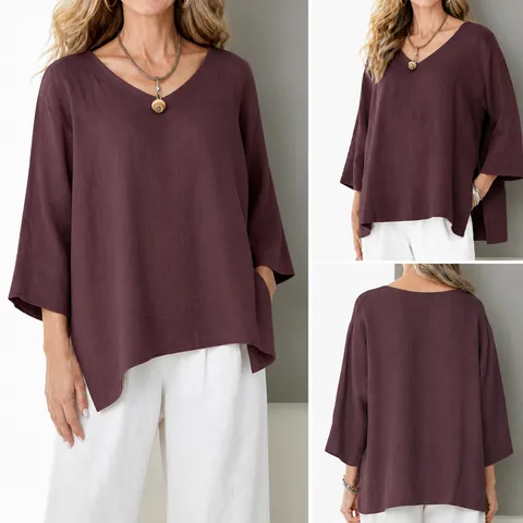Women's V-Neck Cotton Blend Blouse Loose Casual Top With Side Split Three-Quarter Sleeve Solid Color T-Shirt For Daily Leisure