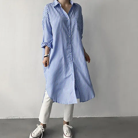 Camisa Larga de Rayas Holgada de Estilo Coreano para Mujer Mezcla de Poliéster y Algodón Solapa Manga Larga Botonadura Sencilla Blusa Casual